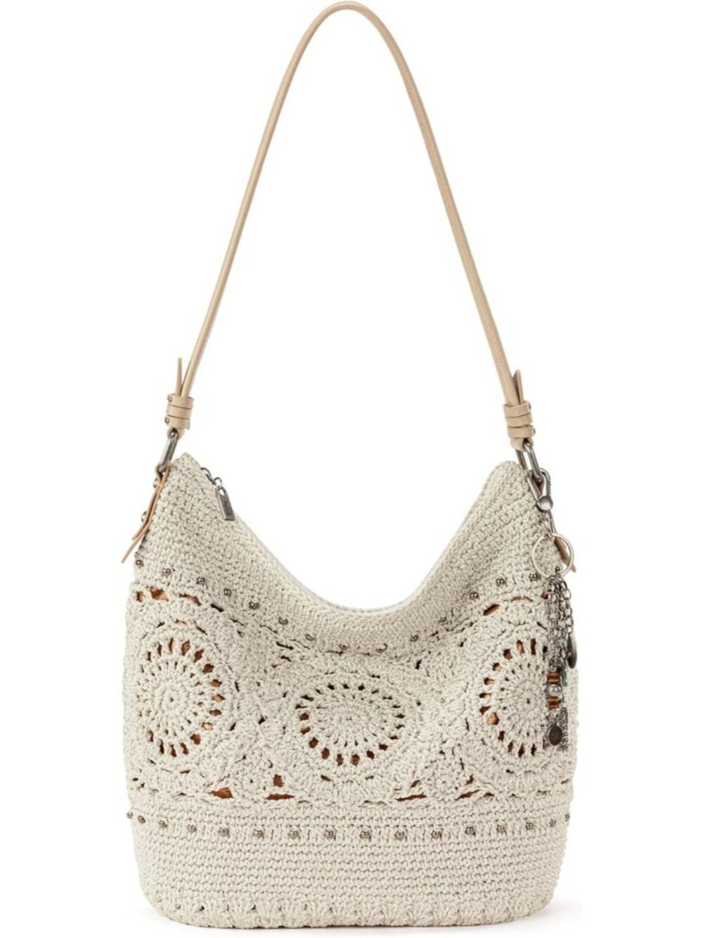 Women's Natural Medallion Hand Crochet Tote With Zipper Pocket Hobo Bag Purse